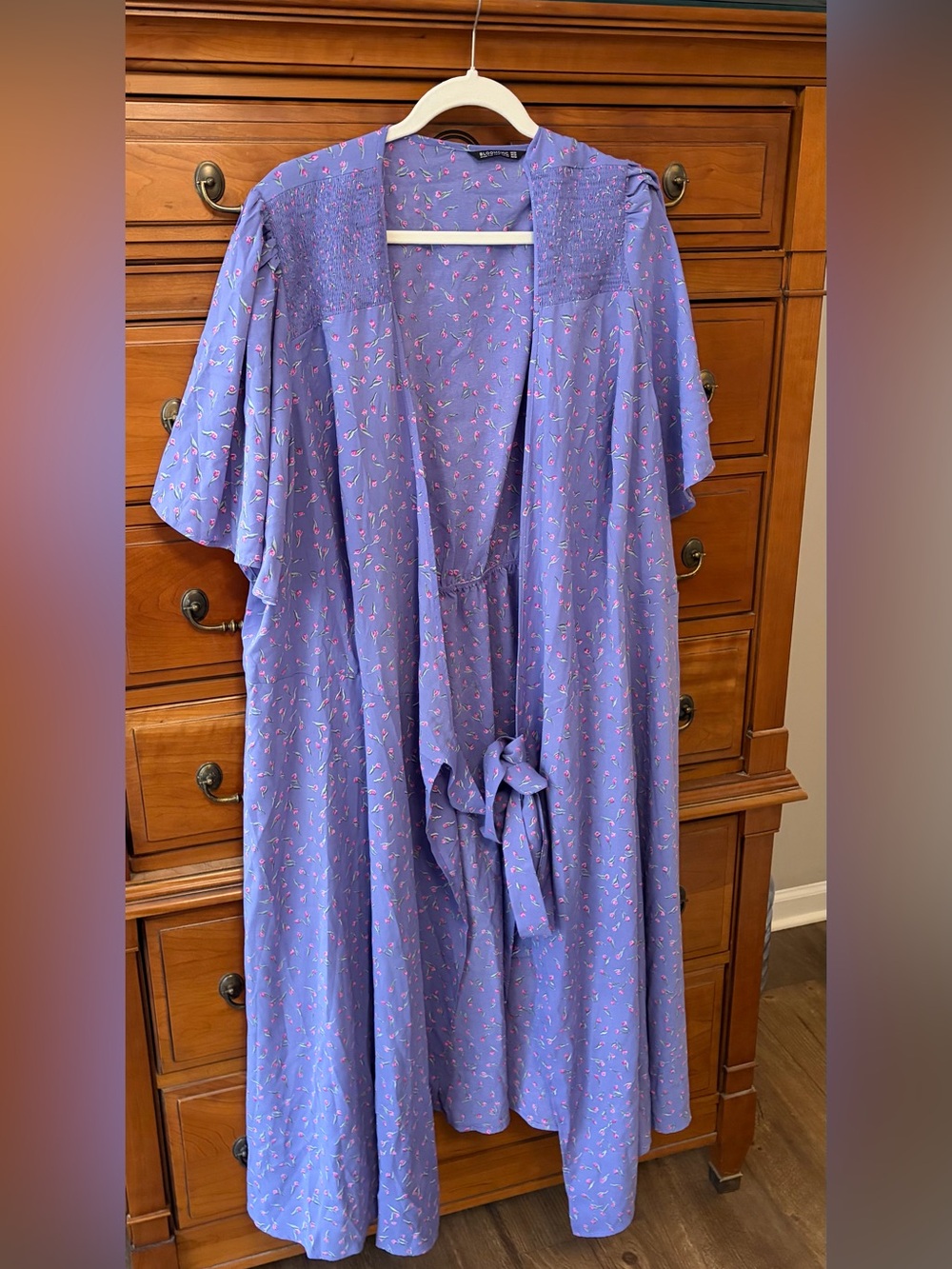BloomChic Lavender Floral Tie-Waist Wrap Dress with Pink Accent